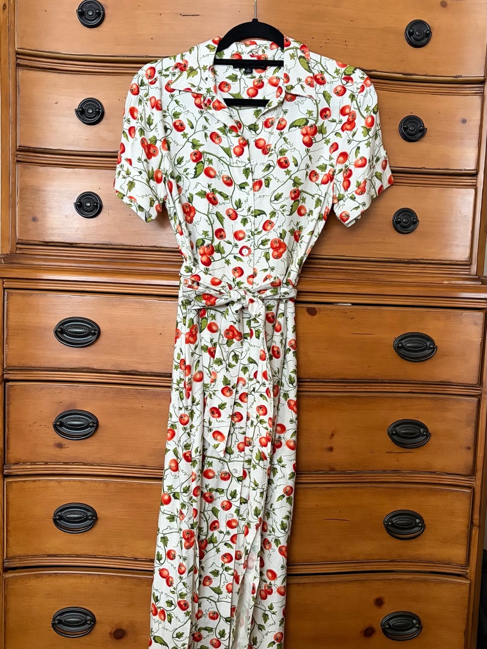 Cherry Print Short Sleeve Tie-Waist Dress - White/Red
